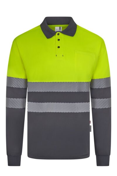 Velilla 305535 Polo Manga Larga Bicolor Cinta Segmentada Amarillo Flúor Gris