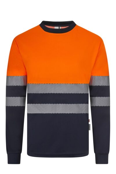 Velilla 305635 Camiseta Bicolor Manga Larga con Cinta Segmentada Azul Navy Naranja Flúor